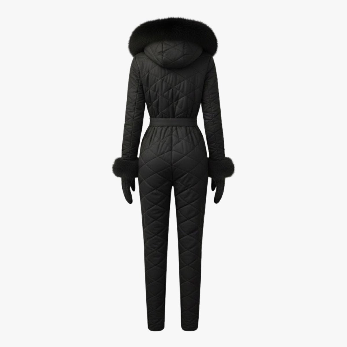 Product flat lay of the back of the Kouvr Fashion black one-piece snowsuit, displaying the continuous diamond-quilted pattern.