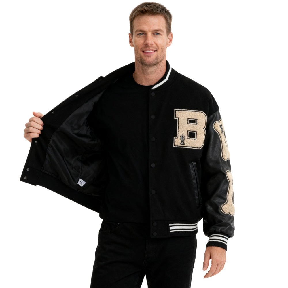 collegiate style," "Americana fashion," "hip hop jacket," "oversized silhouette," and "embroidered outerwear
