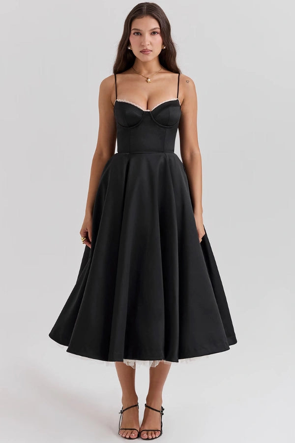 cinched waist," "voluminous skirt," "fit and flare silhouette," "sophisticated," "formal attire," and "special occasion
