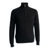 Front product shot of the Kouvr Fashion men's black cable-knit half-zip sweater on a ghost mannequin, highlighting the zipper and mock neck collar.