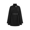 Product-only image of the Kouvr Fashion black high-neck cape coat with belt fastened, laid flat on a white background, showing the pearl button detail.