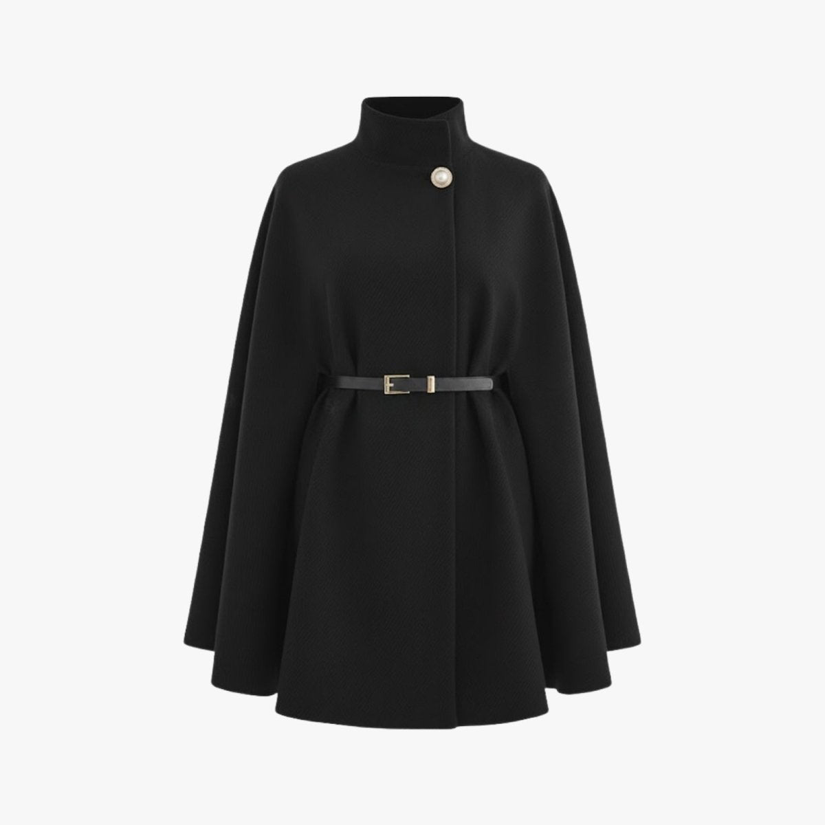 Product-only image of the Kouvr Fashion black high-neck cape coat with belt fastened, laid flat on a white background, showing the pearl button detail.