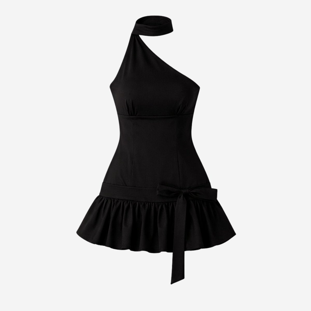 Product flatlay of the black one-shoulder cocktail dress with the waist tie fastened in a bow. 