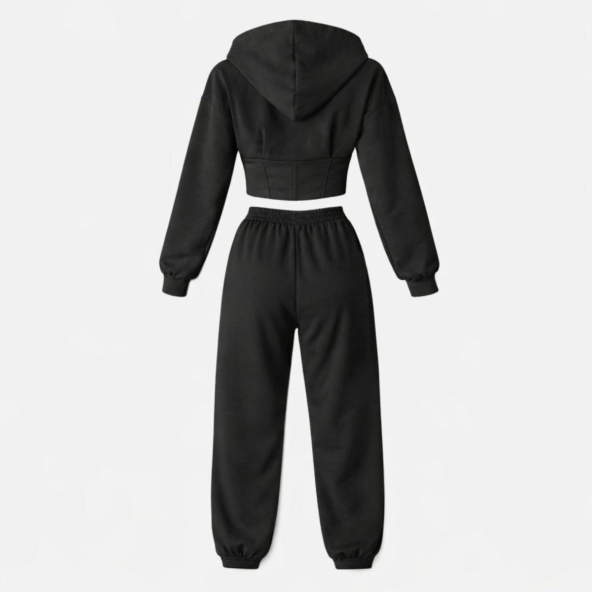 Flat lay of the back of the Kouvr Fashion corset hoodie and jogger set, displaying the structured paneling details.