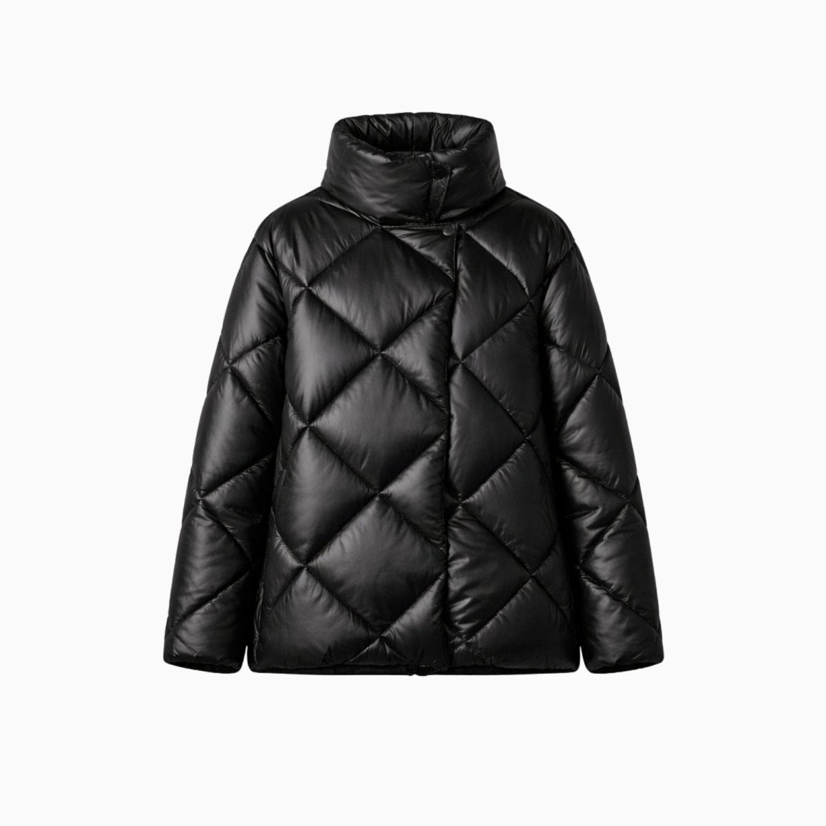 Black faux leather diamond quilted puffer jacket with a high neck and asymmetrical snap closure on a white background.