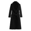 Flat lay image of the Kouvr Fashion black wool coat with the self-tie belt fastened and the plush faux fur collar displayed.