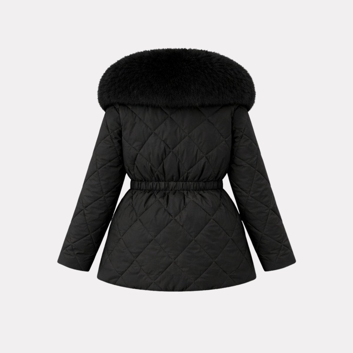 Flat lay of the back of a black quilted jacket, detailing the diamond pattern and the elasticated cinched waist feature for a defined fit.