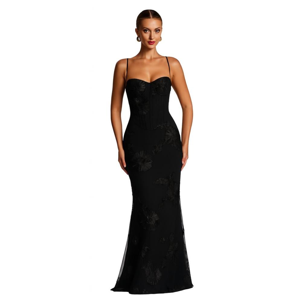 Model wearing the Kouvr Fashion Black Corset Gown with 3D Floral Embroidery