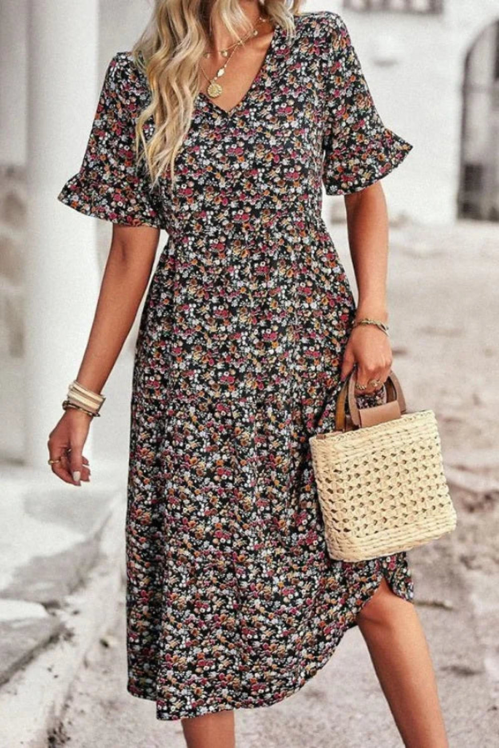 Boho dress, romantic dress, vacation outfit, brunch dress, cottagecore aesthetic, lightweight flowy dress, ditsy floral print