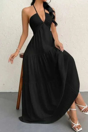 Black Halter Maxi Dress Tiered Backless V-Neck | Flowy Summer Vacation  Resort Wear