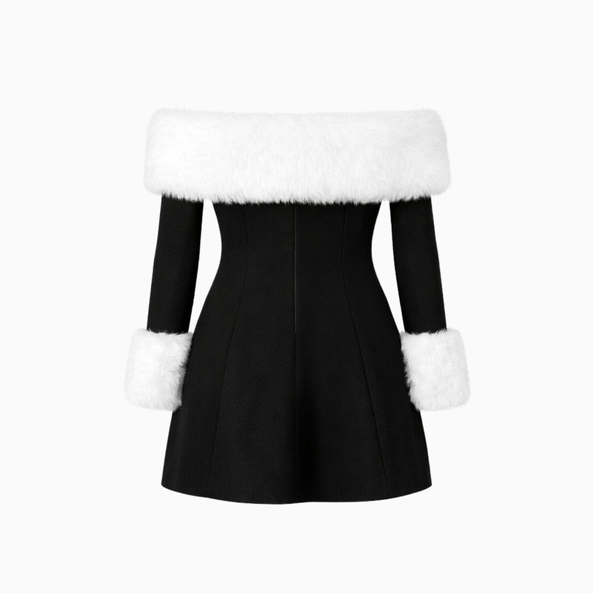Product shot of the back of a black off-the-shoulder mini dress with white faux fur trim, showing the seam details, laid flat.