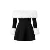 Product shot of a black off-the-shoulder mini dress with white faux fur trim laid flat on a white background, front view.