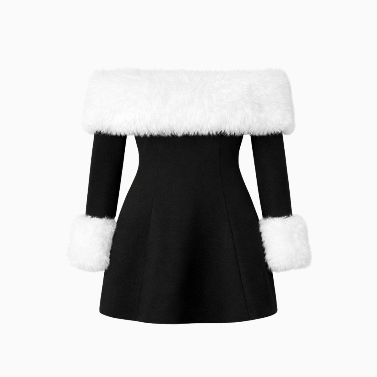 Product shot of a black off-the-shoulder mini dress with white faux fur trim laid flat on a white background, front view.