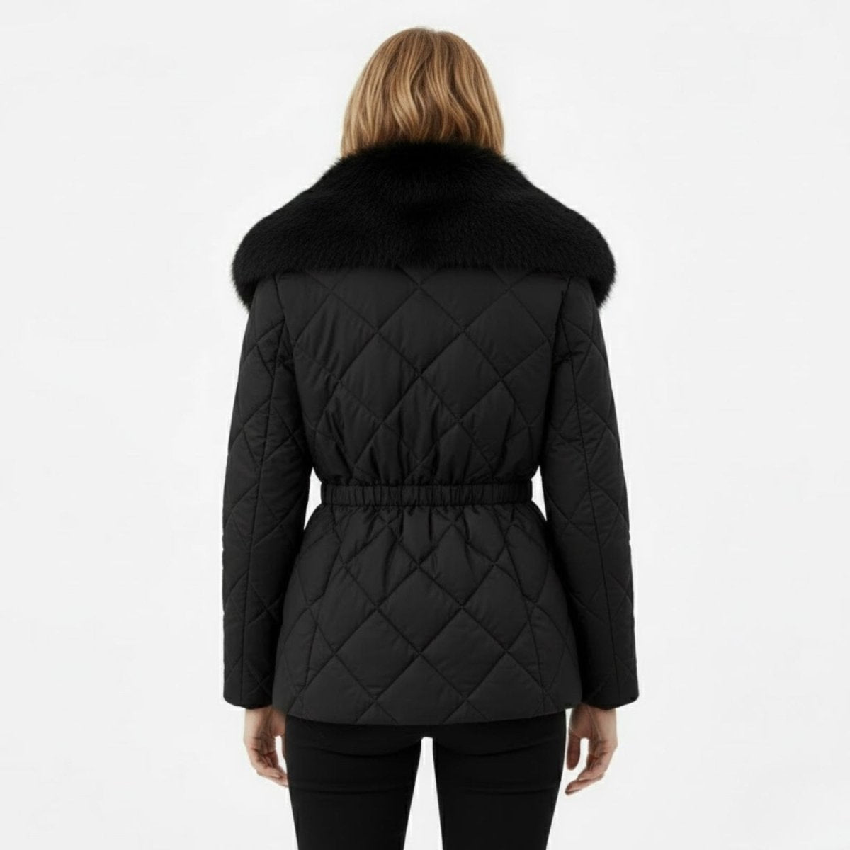 Back view of the Kouvr Fashion black quilted jacket, highlighting the figure-flattering cinched elastic waistband and plush fur collar detail.