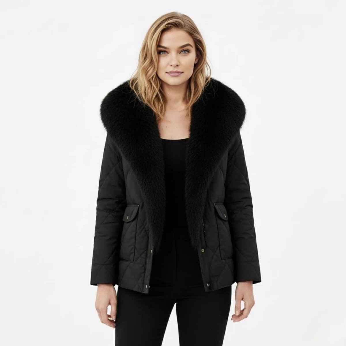 A woman wearing the Kouvr Fashion black diamond quilted jacket with an oversized black faux fur collar, seen from the front against a white background.