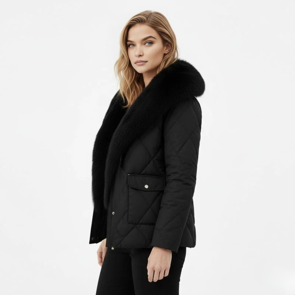 Side profile of a woman in a black quilted jacket featuring a large faux fur collar and flap pocket detail, showcasing the jacket's silhouette.