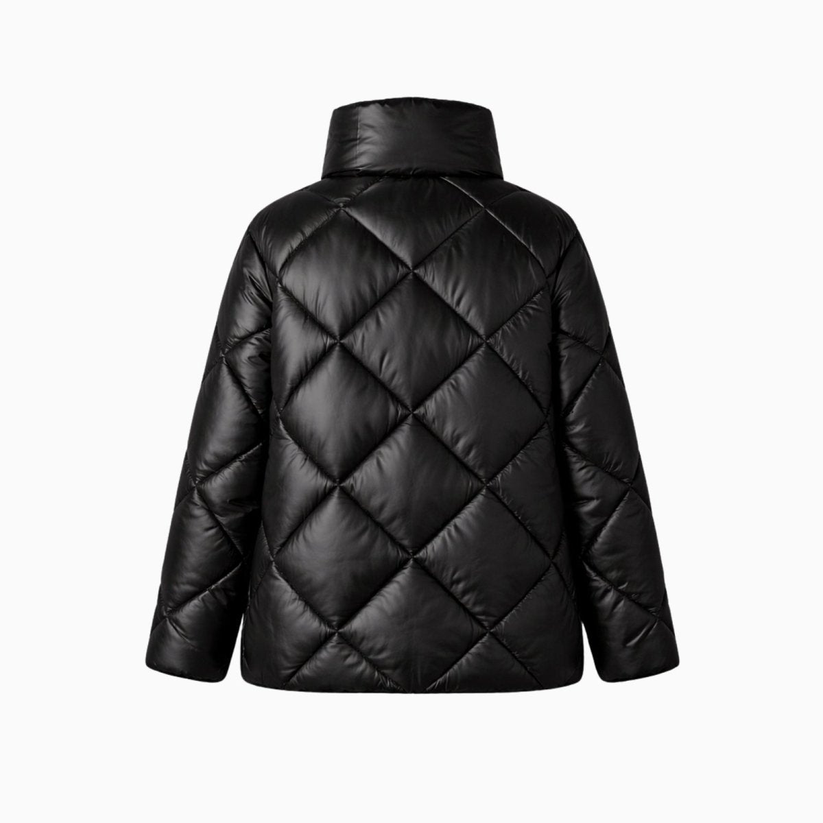 Back of a black insulated puffer winter coat showing the full diamond quilted texture and construction.