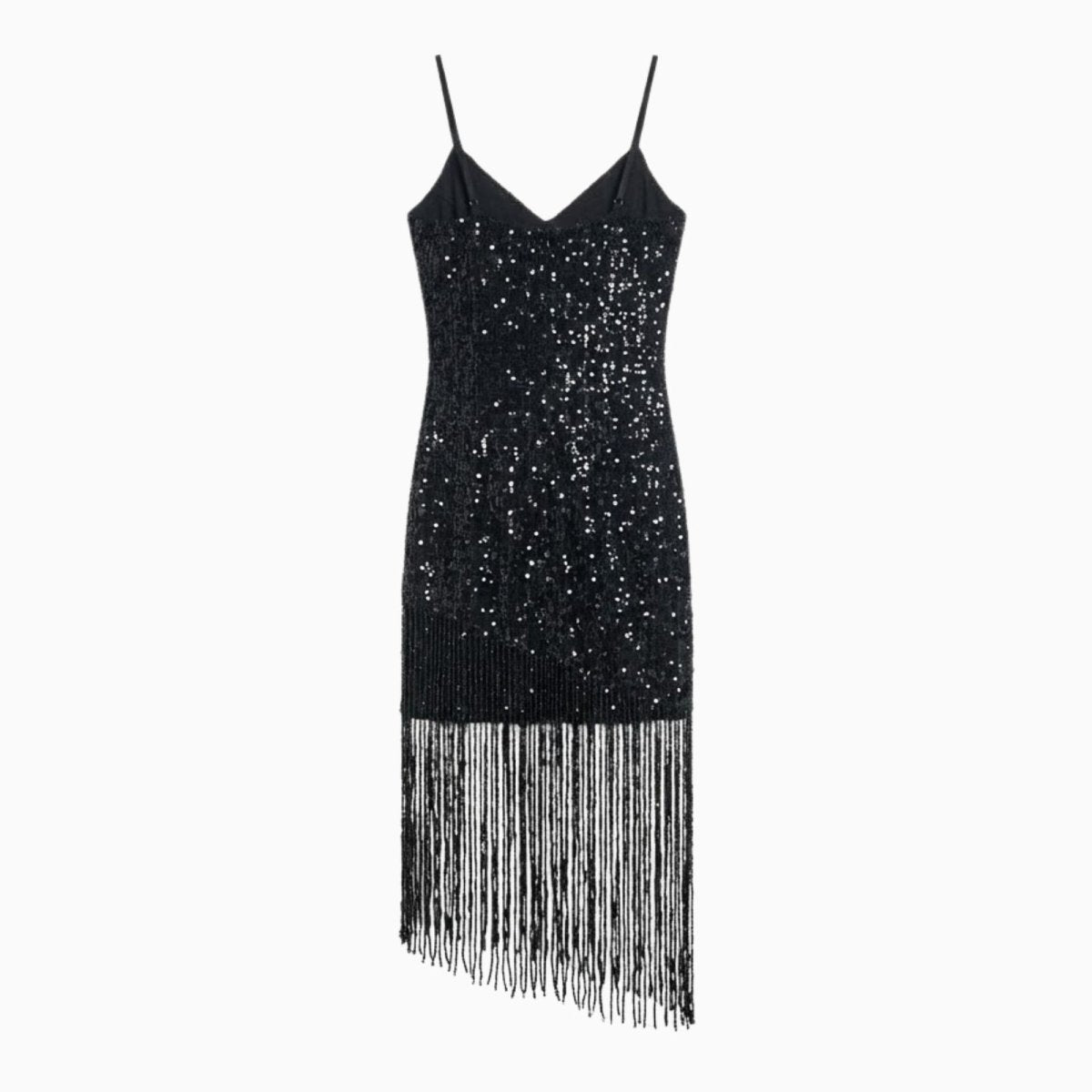 Product flat lay showing the back of the black sequin spaghetti strap dress by Kouvr Fashion.