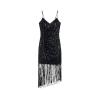 Flat lay of the black sequin fringe dress, detailing the V-neck, ruched texture, and asymmetrical beaded fringe.