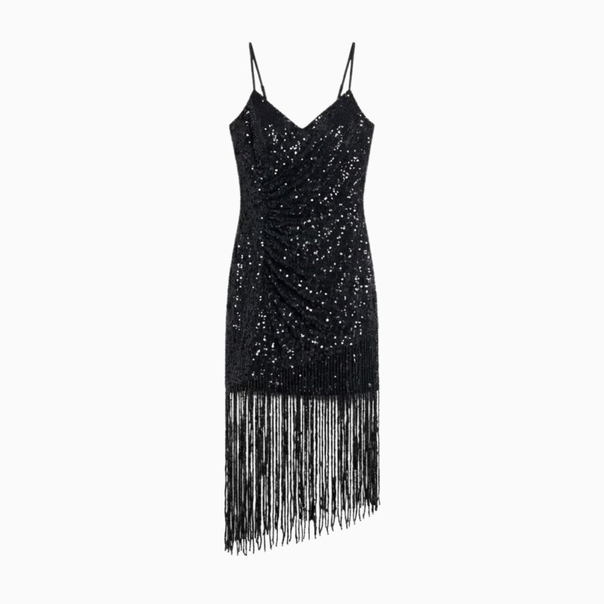 Flat lay of the black sequin fringe dress, detailing the V-neck, ruched texture, and asymmetrical beaded fringe.