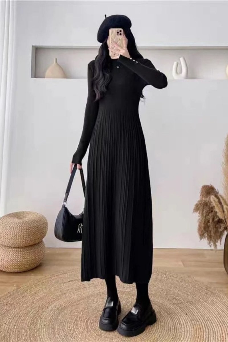 Kouvr Fashion Black Pleated Knit Long Sleeve Midi Dress