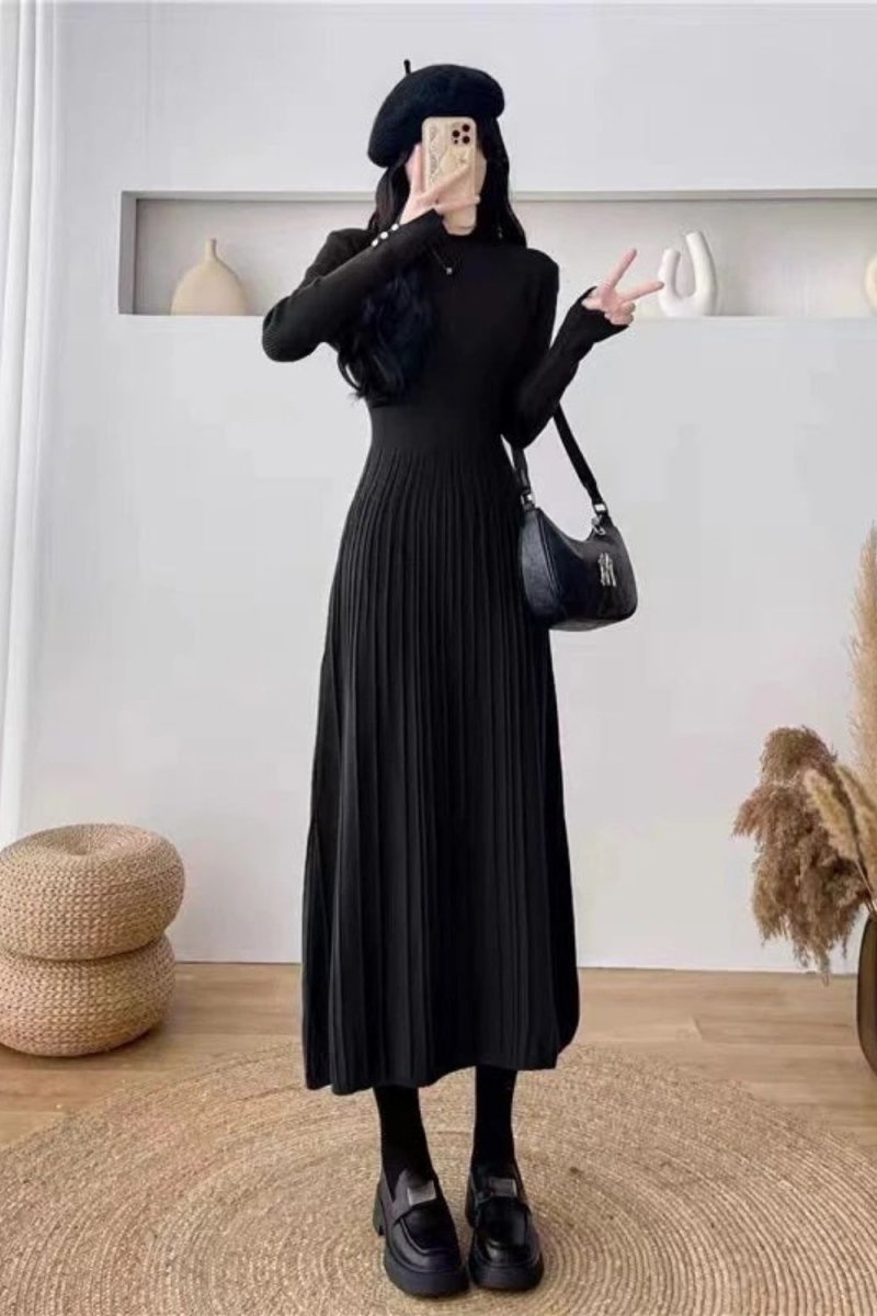 Kouvr Fashion Black Pleated Knit Long Sleeve Midi Dress