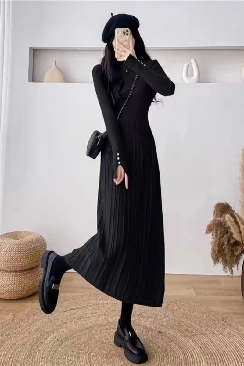Kouvr Fashion Black Pleated Knit Long Sleeve Midi Dress