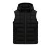 Front product shot of the Kouvr Fashion men's black hooded puffer vest zipped up on a white background.