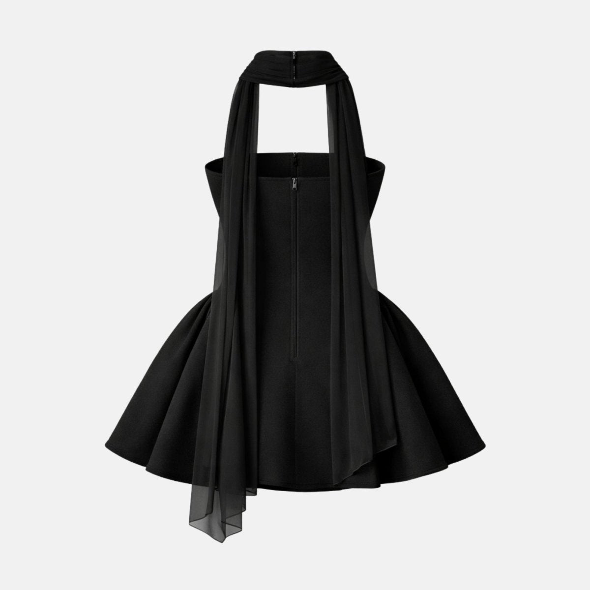 Back view of the black cocktail mini dress showing the rear zipper detail and the draped halter scarf design.