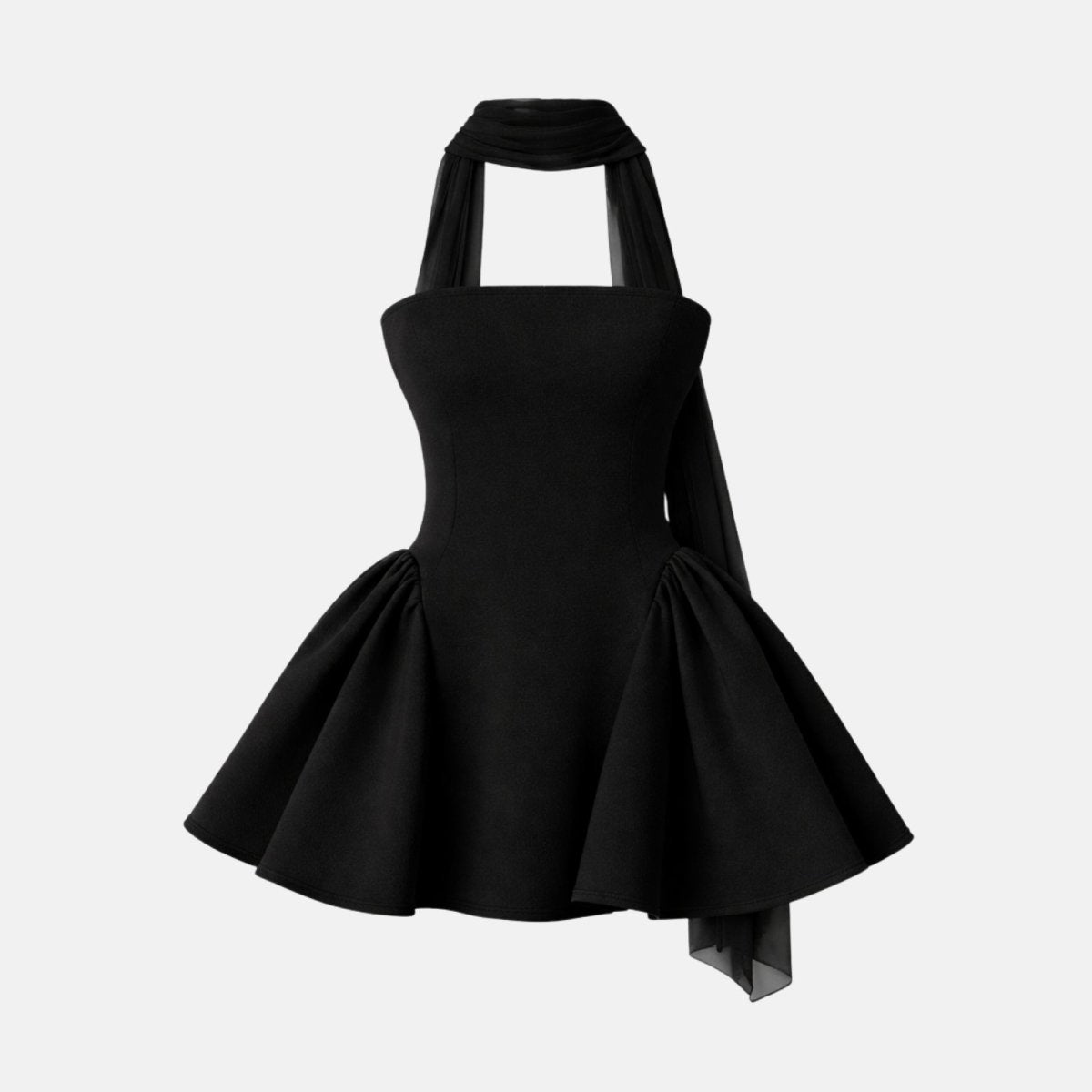 Front view of the black sculptural mini dress with an integrated choker scarf on a white background, highlighting the A-line skirt.