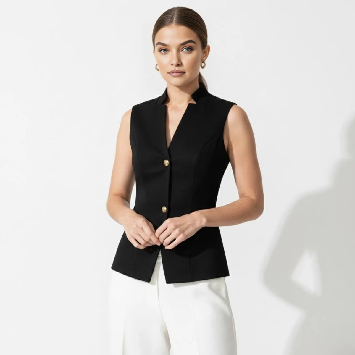 Model wearing the Kouvr Fashion black tailored stand collar vest with white trousers, shown from the front. 