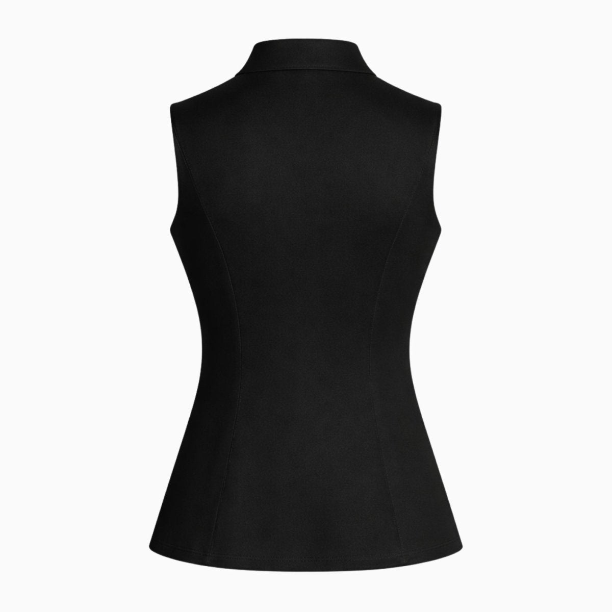 Product flatlay image of the back of the Kouvr Fashion black tailored vest, showing its shape and seams.