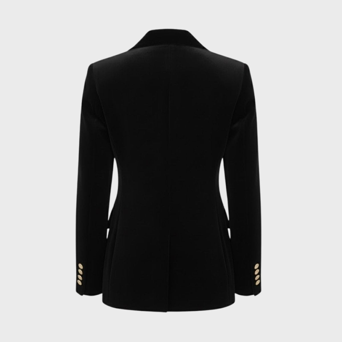 Product shot of the back of the Kouvr Fashion black velvet blazer, detailing the tailored seams and four-button cuffs.