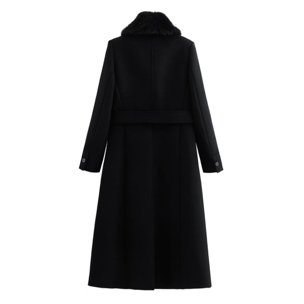 Flat lay of the back of the Kouvr Fashion black wool coat, detailing the center seam, belt loops, and sleeve button details.