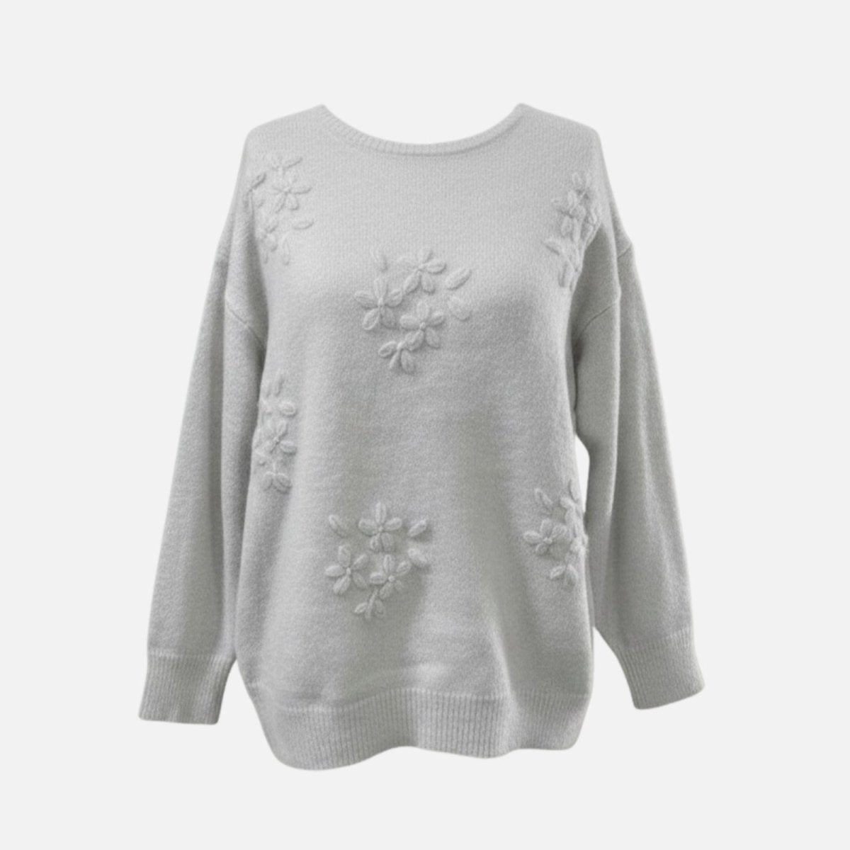 Flatlay product shot of the front of the Blanche 3D Floral Appliqué Sweater in light grey, highlighting the texture and flower details.