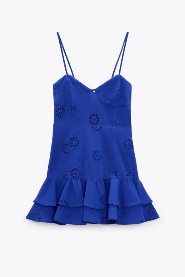 Kouvr Fashion Azure Broderie Anglaise Mini Dress in Blue