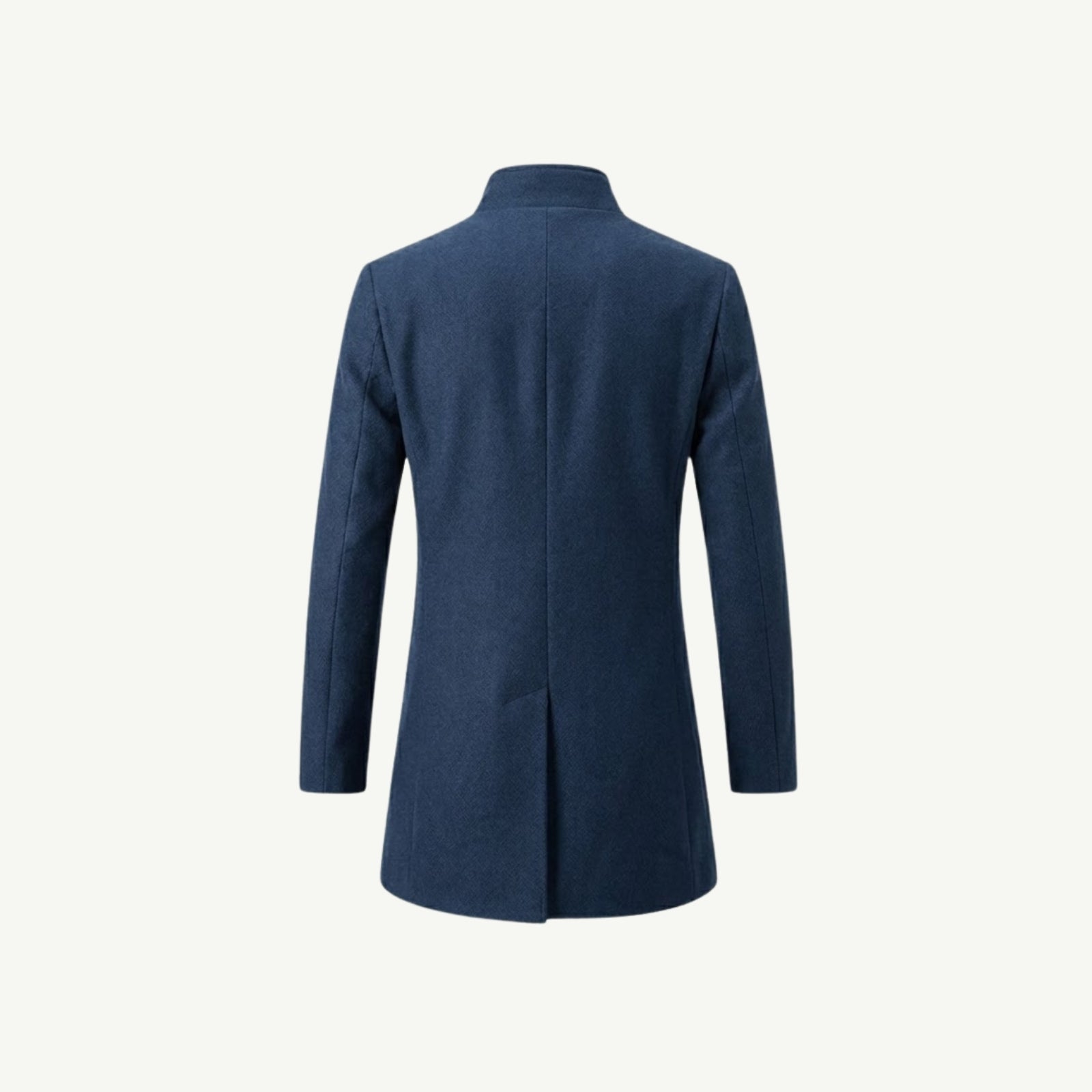 Back product shot of a men's  blue mid-length car coat, isolated on a white background.