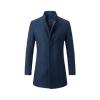 Front product shot of a men's blue wool coat with a stand collar, isolated on a white background.