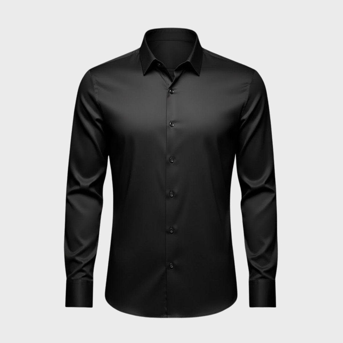 Front view of the Kouvr Fashion Briar slim fit black dress shirt, laid flat to show the collar, placket, and fabric detail.
