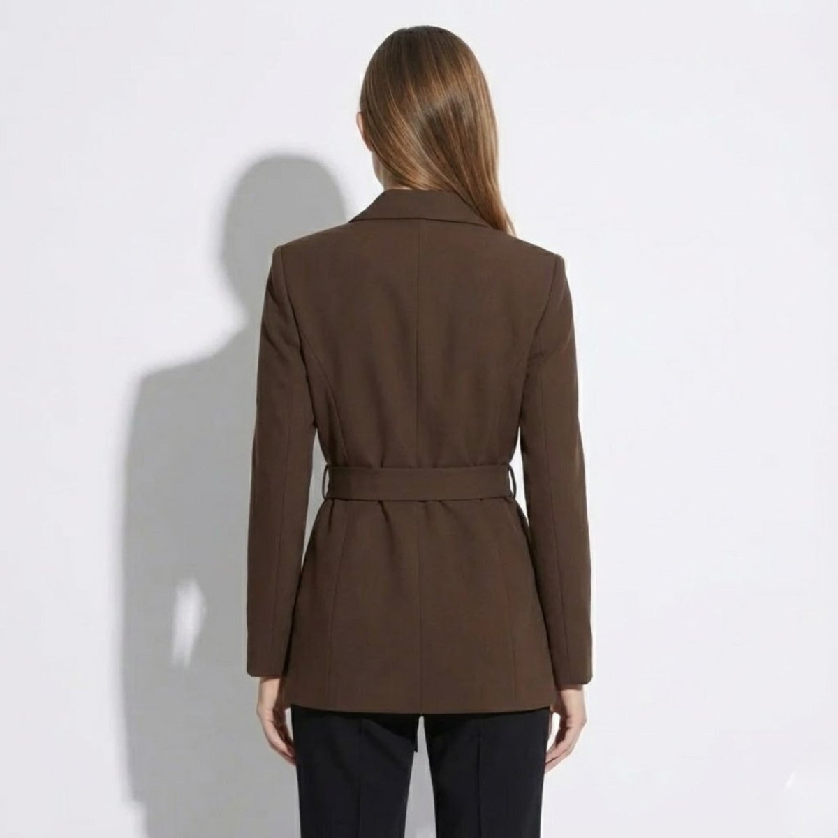 Back view of the Kouvr Fashion women's brown belted blazer showing the tailored fit and belt detail.