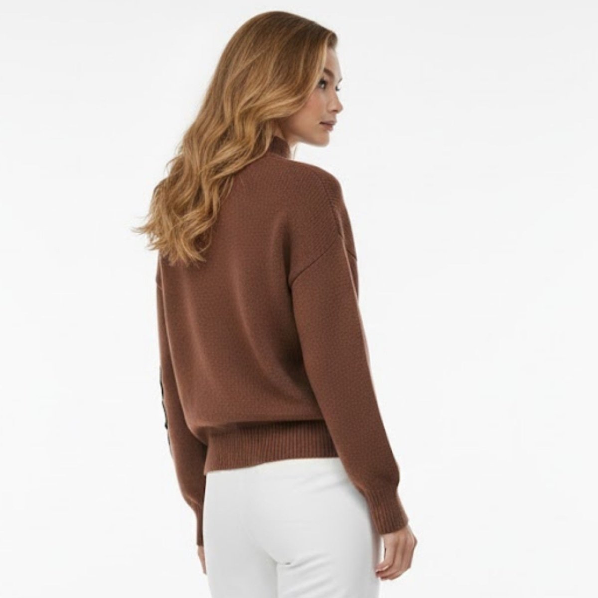 Back view of a model wearing the Kouvr Fashion brown sweater, highlighting the knit texture and relaxed silhouette.