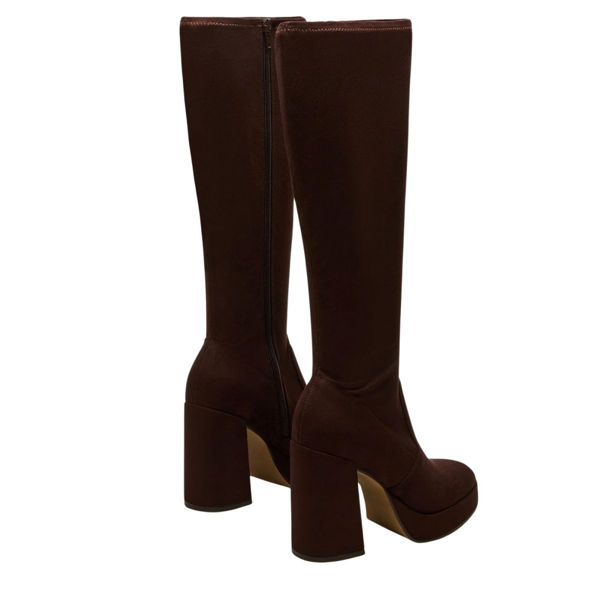 Pair of brown Kouvr knee-high boots on a white background