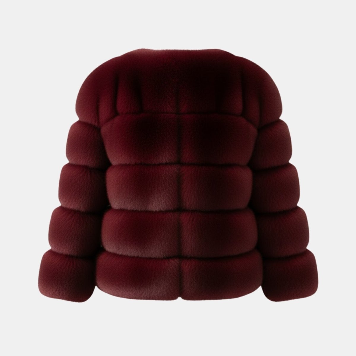Studio product shot of the back of the Kouvr Fashion plush panelled faux fur jacket in burgundy on a white background.
