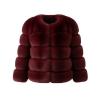 Studio product shot of the front of the Kouvr Fashion plush panelled faux fur jacket in burgundy on a white background.