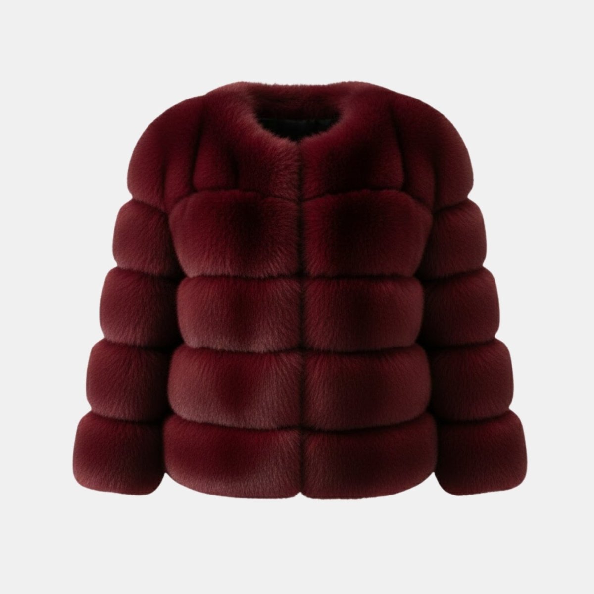 Studio product shot of the front of the Kouvr Fashion plush panelled faux fur jacket in burgundy on a white background.