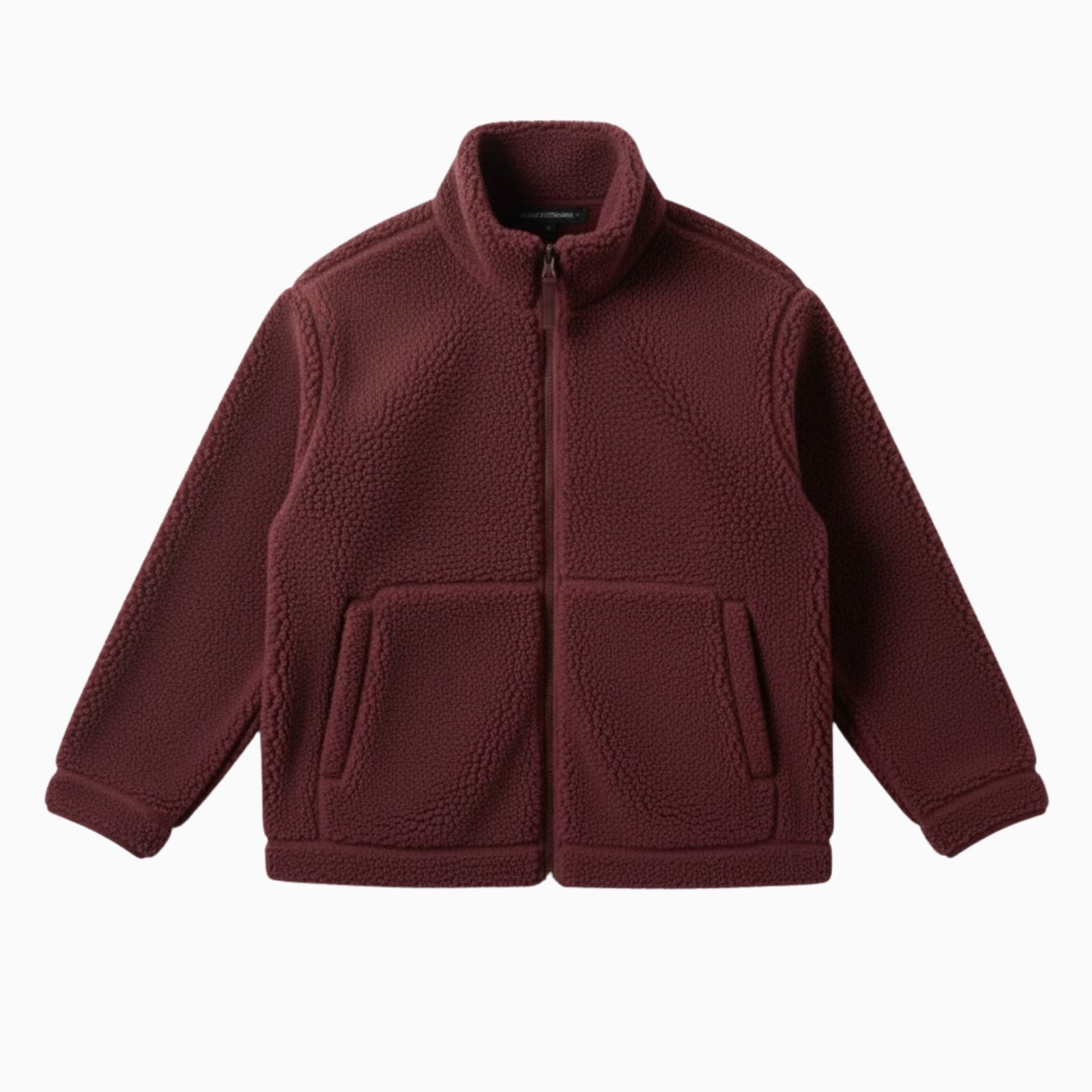 Flat lay product shot of the Kouvr Fashion burgundy sherpa fleece jacket, zipped up to show the front pockets and high-collar design.