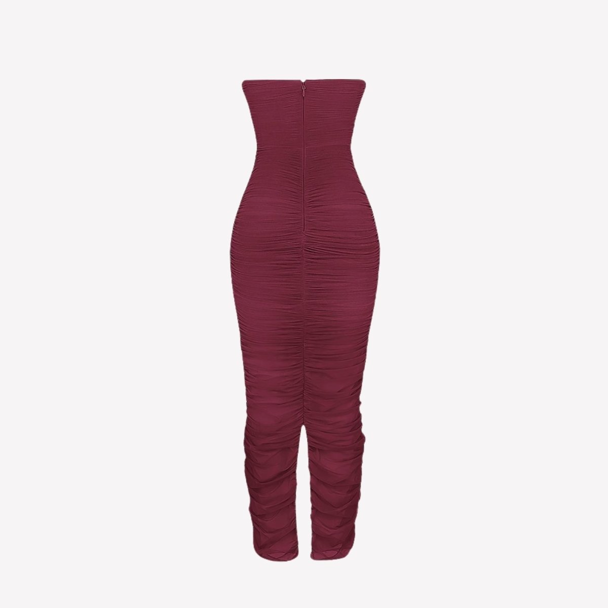 Product-only image of a burgundy strapless bodycon dress with all-over ruching on a white background.