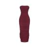 Product-only image of a burgundy strapless bodycon dress with all-over ruching on a white background.