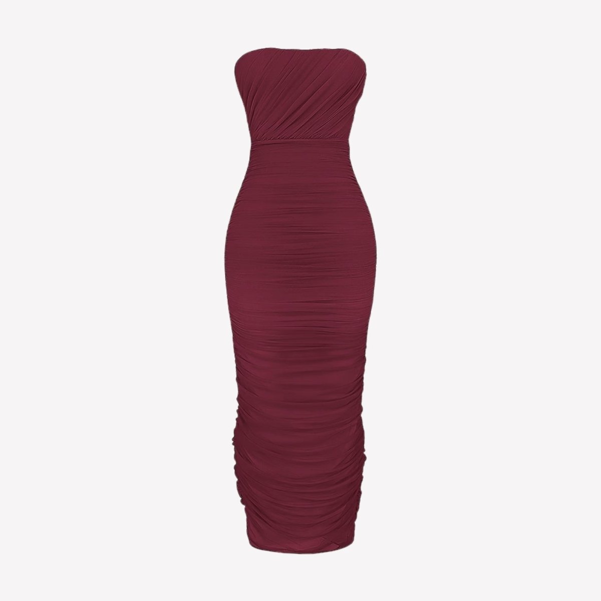 Product-only image of a burgundy strapless bodycon dress with all-over ruching on a white background.