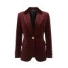 Product shot of the Kouvr Fashion burgundy velvet blazer, showing the satin lapels, gold button, and luxurious velvet texture.